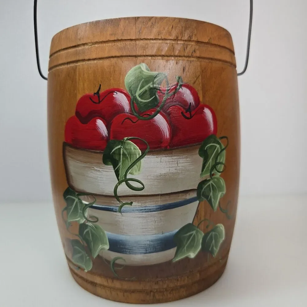 Vintage Hand Painted Wooden Wall Pocket Basket Apple Barrel Farmhouse Kitchen